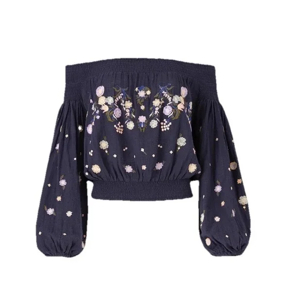 Free People Embroidered Off The Shoulder Blouse Navy Blue Floral Smocked Top S - Picture 3 of 10